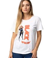 Camiseta RE:COVERED X MARVEL para mujer con estampado "Viuda Negra" de algodón, manga corta, MMMARV1122, color crudo y blanco Camiseta RE:COVERED X MARVEL para mujer con estampado "Viuda Negra" de algodón, manga corta, MMMARV1122, color crudo y blanco
