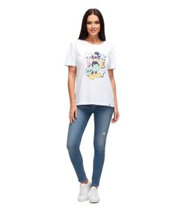 T-shirt durable pour femme RE:COVERED X Disney avec imprimé Mickey Mouse aux couleurs pastel. Chemise en coton, chemise col rond, RCDIF2072 Blanc.