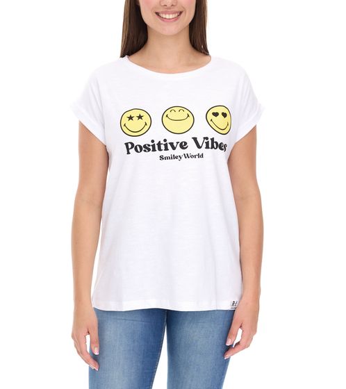 RE:COVERED X Smileyworld T-shirt femme avec smileys colorés T-shirt en coton à col rond RCSMLYWD460 Blanc