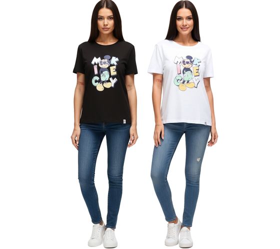 Camiseta sostenible para mujer RE:COVERED X Disney con estampado de Mickey Mouse en colores pastel. Camisa de algodón, cuello redondo, RCDIF207, color blanco o negro