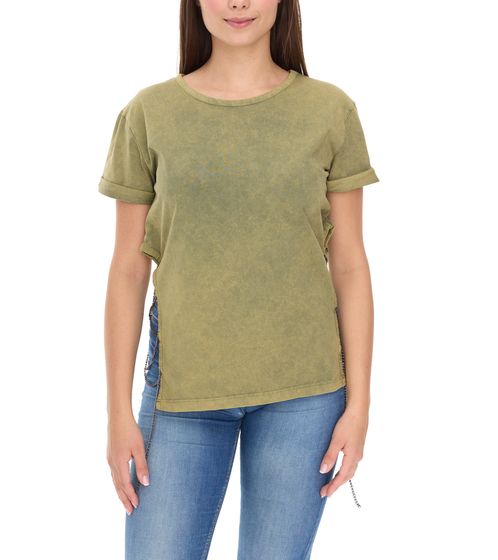 ROCKUPY Women's T-Shirt, Short-Sleeved Shirt with Side Slit, Cotton Shirt, Crew Neck, 393828 Green
