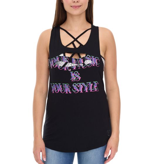 ROCKUPY - Camiseta de tirantes para mujer con sujetador con purpurina, cuello redondo, color negro, W100102018