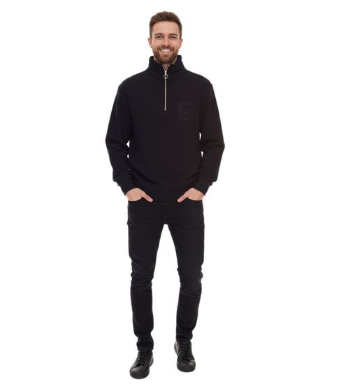 Maglione oversize con cerniera da uomo STONES, moderno maglione con cerniera in cotone da 400 g/m² con collo alto e ricamo del logo, nero