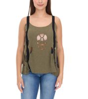 ROCKUPY Ariana Women's Tank Top with Skull Neckline, Cotton Shirt, Summer Top with Cutouts, 366326 Khaki