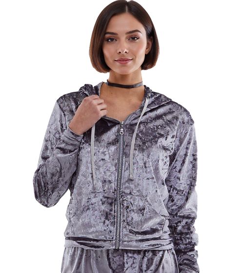 ROCKUPY Damen Samt-Cardigan glänzende Sweatshirt-Jacke mit Kapuze RPW20_040201 Grau