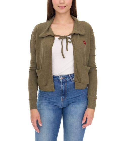 ROCKUPY Cardigan Bolero in cotone da donna, manica lunga, con tasche, 330643, cachi