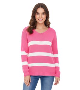 Aniston CASUAL Damen Strick-Pullover mit Baumwollanteil Alltags-Pullover Langarm-Shirt 39680449 Rosa/Weiß