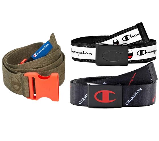 Ceintures en tissu Champion pour hommes et femmes. Ceintures à boucle. Ceintures de tous les jours. Ceintures en tissu vert olive ou noir avec divers détails.
