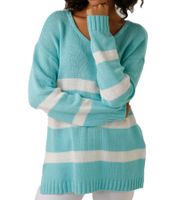 Pull tricoté Aniston CASUAL pour femme, en coton, idéal au quotidien, à manches longues, 78647339, turquoise/blanc