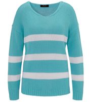 Pull tricoté Aniston CASUAL pour femme, en coton, idéal au quotidien, à manches longues, 78647339, turquoise/blanc