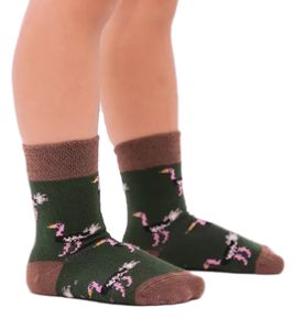 1 pairs of Moustard children's cotton socks with ostrich all-over print patterned stopper socks baby socks 20S-OSTR-1224 light brown/green/pink