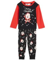 Soft children's pajama set for boys and girls. Round-neck sweater with Santa Claus motif. Cotton joggers with snowflake motif. Pajamas 929560 Black/Red/White