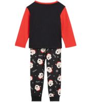 Soft children's pajama set for boys and girls. Round-neck sweater with Santa Claus motif. Cotton joggers with snowflake motif. Pajamas 929560 Black/Red/White