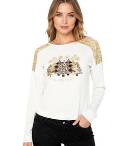 Damen Weihnachts-Pullover mit Pailletten und Rundhals-Ausschnitt Tannenbaum-Pullover Langarm-Shirt mit Glitzer 951396 Weiß