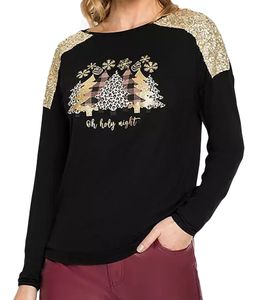 Pull à manches longues pour femme avec motif de Noël Chemise à paillettes Manches longues avec imprimé pailleté 951384 Noir/Or