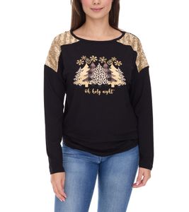 Damen Langarm-Pullover mit Weihnachts-Muster Shirt mit Pailletten Longsleeve mit Glitzer-Aufdruck 951384 Schwarz/Gold