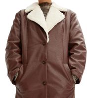 Women's Imitation Leather Coat with Teddy Fur Collar, Oversized Everyday Coat, Long-Sleeved Jacket, Transition Jacket 915415 Dark Brown/Cream