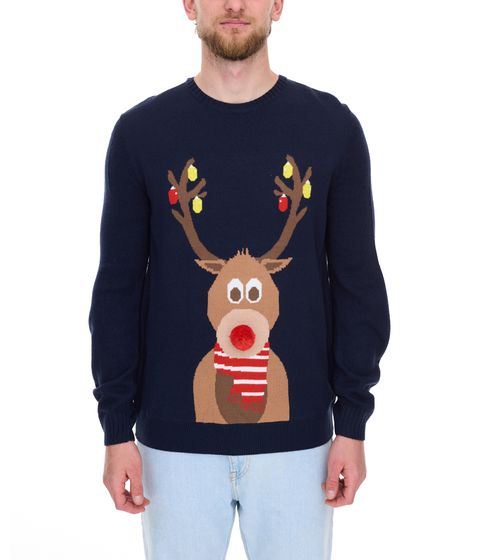 Herren Strick-Sweater mit Weihnachts-Muster Langarm-Pullover Freizeit-Sweater 939615 Dunkel-Blau