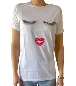 COURSE Camiseta de mujer con estampado de beso en la boca, camiseta de verano, top de algodón, camiseta informal 900069, blanco