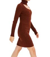 Damen Strick-Kleid Mini-Kleid mit Rollkragen und Ausschnittdetails Langarm-Kleid 979792 Mahagoni-Braun