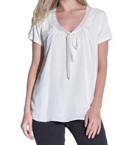vestino Women's Blouse-Shirt T-Shirt with Chiffon Trim, Short-Sleeved Blouse with Bow, Summer Shirt 900749 Cream-White