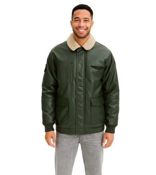 Herren Piloten-Jacke aus Lederimitat stylische Outdoor-Jacke mit Teddykragen 934067 Olivgrün