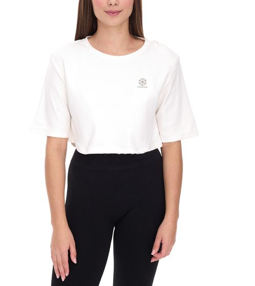 YOU DO YOU Damen T-Shirt im Cropped-Style Fitness-Top mit Rücken-Cut Out Baumwoll-Shirt 905051 Weiß