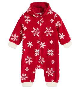 Tuta intera in pile per bambini con cappuccio, motivo fiocco di neve e cerniera, 954927, rosso/bianco