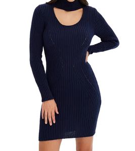 Women's Knit Dress, Mini Dress with Turtleneck and Cutout Details, Long-Sleeved Dress 960726 Dark Blue