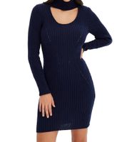 Damen Strick-Kleid Mini-Kleid mit Rollkragen und Ausschnittdetails Langarm-Kleid 960726 Dunkelblau