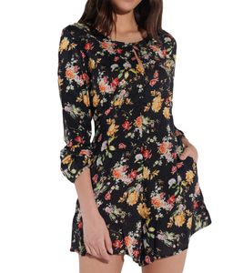 vestino Damen Jumpsuit mit Blumen-Print transparenter Sommer-Einteiler Langarm-Overall 900549 Schwarz