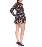 vestino Damen Jumpsuit mit Blumen-Print transparenter Sommer-Einteiler Langarm-Overall 900549 Schwarz