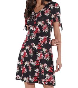 vestino Women's Summer Dress with Floral Print, Mini Dress, Short Sleeve Dress, 900369 Black/Red/White