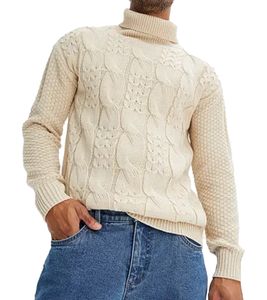 Men's Knitted Sweater Turtleneck Sweater with Cable Knit Pattern Winter Sweater 938114 Beige