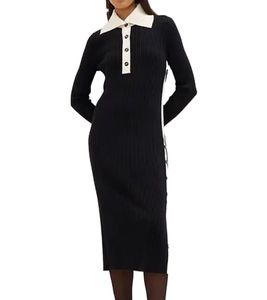Vestido de punto para mujer de corte elegante confeccionado en mezcla de lana merino elástica, vestido midi 947546 Negro/Blanco