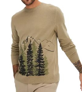 Herren Feinstrick-Pullover Rundhals-Pullover mit Wald und Berge-Muster Winter-Pulli Große Größen 971556 Khaki