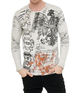 Herren Longsleeve mit urbanen Motiv-Print Langarm-Shirt mit Knopfleiste an Ausschnitt R-10141 Beige