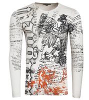 Camisa de manga larga para hombre con estampado de motivos urbanos. Camisa de manga larga con tapeta de botones en el escote. R-10141 Beige