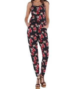 vestino Damen Jumpsuit mit Blumen-Print Sommer-Einteiler Langarm-Overall verstellbare Träger 900379 Schwarz