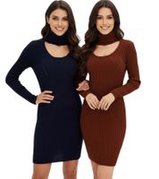 Damen Strick-Kleid Mini-Kleid mit Rollkragen und Ausschnittdetails Langarm-Kleid in Mahagoni-Braun oder Dunkel-Blau Damen Strick-Kleid Mini-Kleid mit Rollkragen und Ausschnittdetails Langarm-Kleid in Mahagoni-Braun oder Dunkel-Blau