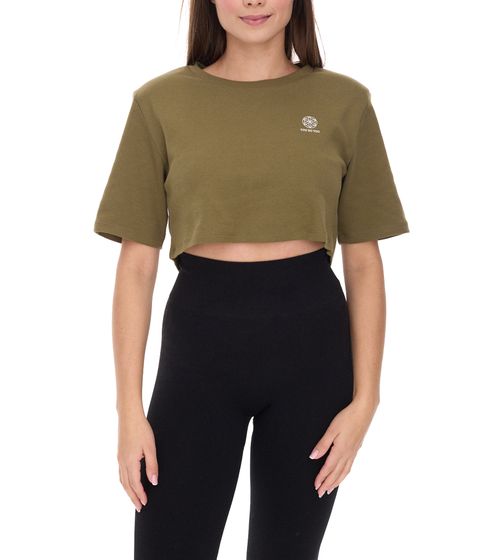 Camiseta corta deportiva para mujer YOU DO YOU, de algodón con abertura en la espalda, color caqui 905051