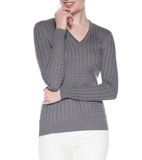 vestino Damen Strick-Pullover im Zopfmuster Baumwoll-Pullover Freizeit-Sweater 900609 Grau