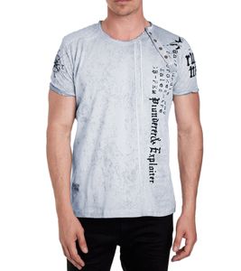 T-shirt homme en coton à imprimé tête de mort rocker, col rond, modèle R-15191, gris