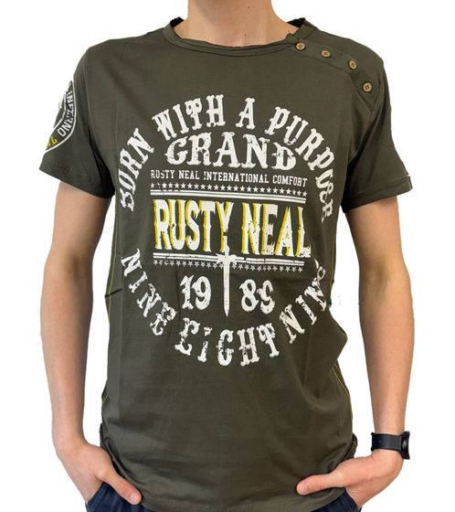 T-shirt da uomo con stampa "Born with a Purpose" in cotone a scollo tondo R-15216 cachi