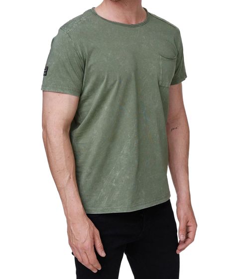 Herren T-Shirt mit Brusttasche Baumwoll-Shirt mit Musterung Rundhals-Shirt R-15283 Khaki