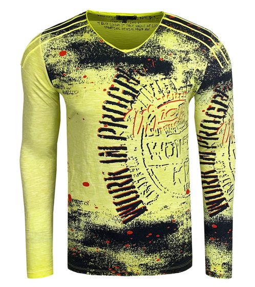 Maglietta da uomo a maniche lunghe con insolita stampa all-over. Maglietta a maniche lunghe in look lavato. R-10109 Giallo neon.