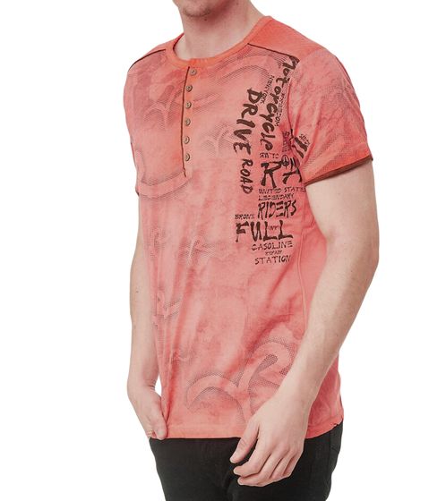 Men's T-Shirt with Urban Print, Cotton Top, Summer Round Neck Shirt with Button Placket S-15246 Orange