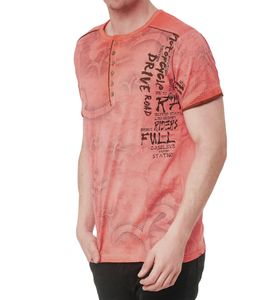 Men's T-Shirt with Urban Print, Cotton Top, Summer Round Neck Shirt with Button Placket S-15246 Orange