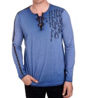 Herren Langarm-Shirt mit Schriftzug Sommer-Baumwoll-Longsleeve mit V-Ausschnitt Freizeit-Pullover R-10115 Dunkel-Blau
