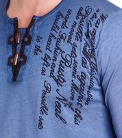 Herren Langarm-Shirt mit Schriftzug Sommer-Baumwoll-Longsleeve mit V-Ausschnitt Freizeit-Pullover R-10115 Dunkel-Blau